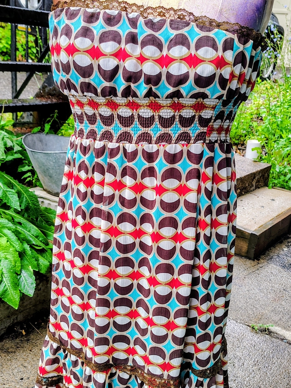Love on a hanger Strapless Retro Geometric Dress in Brown, Red & Teal